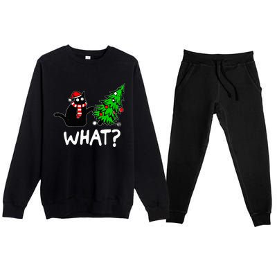 Funny Naughty Black Cat Pushing Christmas Tree Premium Crewneck Sweatsuit Set