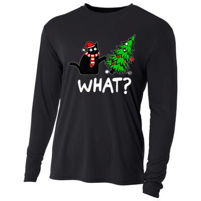 Funny Naughty Black Cat Pushing Christmas Tree Cooling Performance Long Sleeve Crew