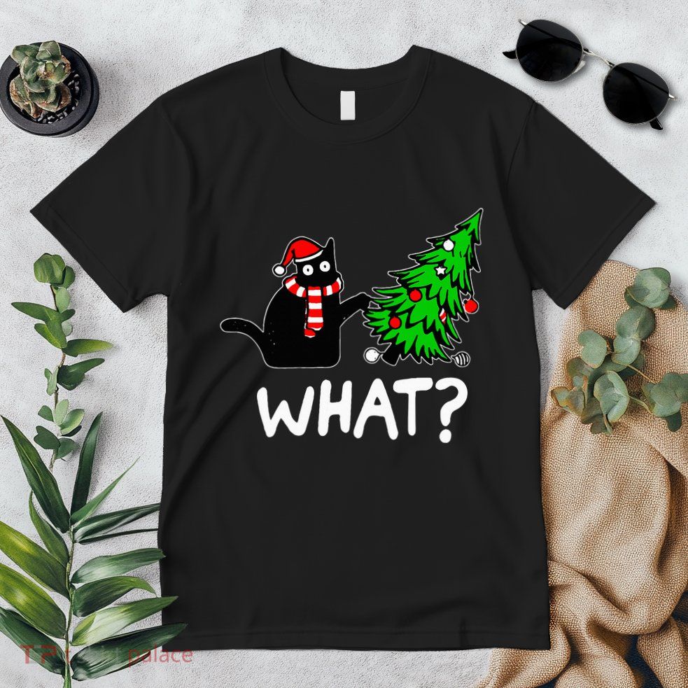 Funny Naughty Black Cat Pushing Christmas Tree Premium T-Shirt