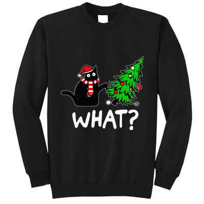 Funny Naughty Black Cat Pushing Christmas Tree Tall Sweatshirt