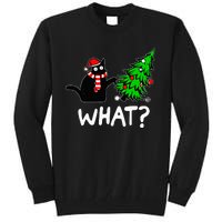 Funny Naughty Black Cat Pushing Christmas Tree Tall Sweatshirt