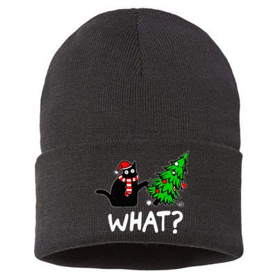 Funny Naughty Black Cat Pushing Christmas Tree Sustainable Knit Beanie