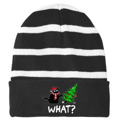 Funny Naughty Black Cat Pushing Christmas Tree Striped Beanie with Solid Band