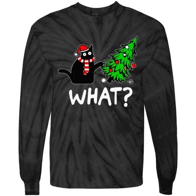 Funny Naughty Black Cat Pushing Christmas Tree Tie-Dye Long Sleeve Shirt