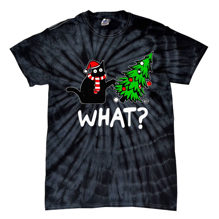 Funny Naughty Black Cat Pushing Christmas Tree Tie-Dye T-Shirt