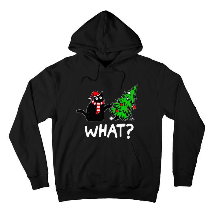 Funny Naughty Black Cat Pushing Christmas Tree Tall Hoodie