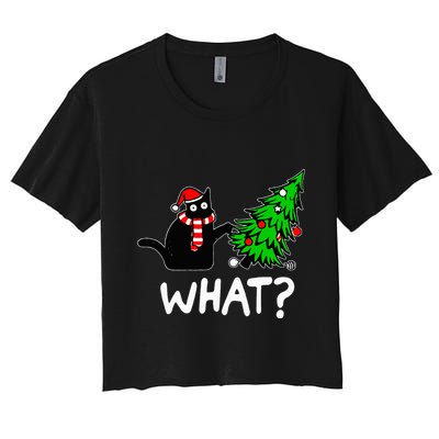 Funny Naughty Black Cat Pushing Christmas Tree Crop Top