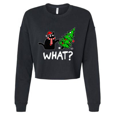 Funny Naughty Black Cat Pushing Christmas Tree Cropped Pullover Crew