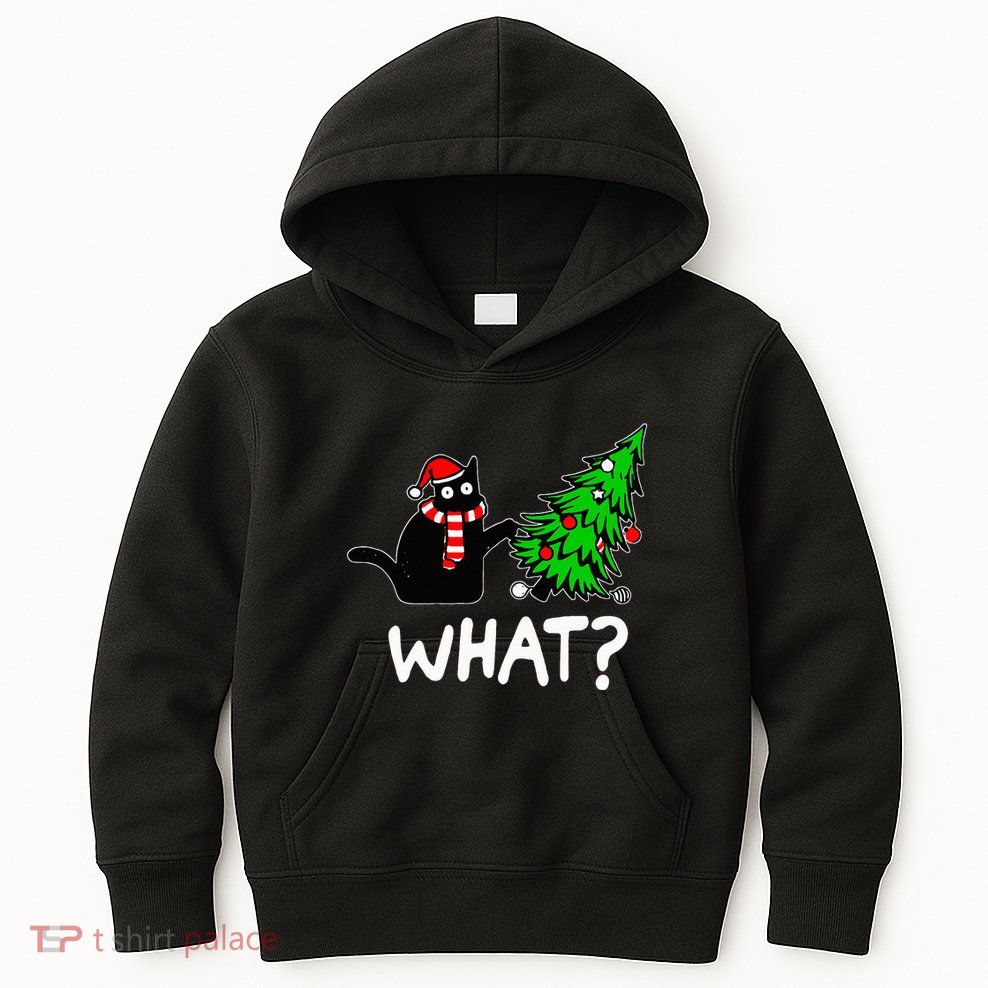 Funny Naughty Black Cat Pushing Christmas Tree Kids Hoodie