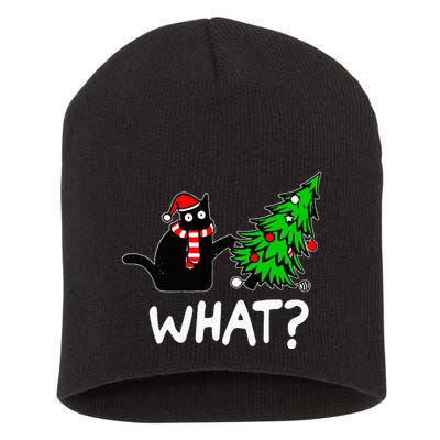 Funny Naughty Black Cat Pushing Christmas Tree Short Acrylic Beanie