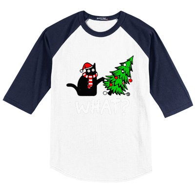 Funny Naughty Black Cat Pushing Christmas Tree Baseball Sleeve Shirt