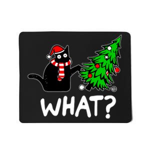 Funny Naughty Black Cat Pushing Christmas Tree Over Cat What Mousepad