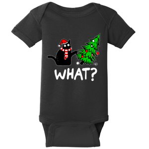 Funny Naughty Black Cat Pushing Christmas Tree Over Cat What Baby Bodysuit