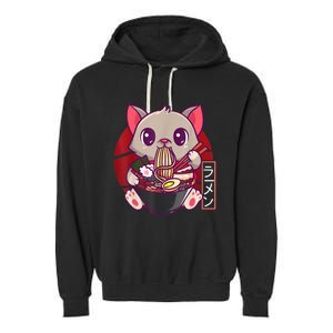 Funny Neko Cat Eating Ramen Noodles Noodle Kawaii Kitten Garment-Dyed Fleece Hoodie