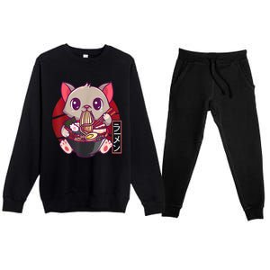 Funny Neko Cat Eating Ramen Noodles Noodle Kawaii Kitten Premium Crewneck Sweatsuit Set