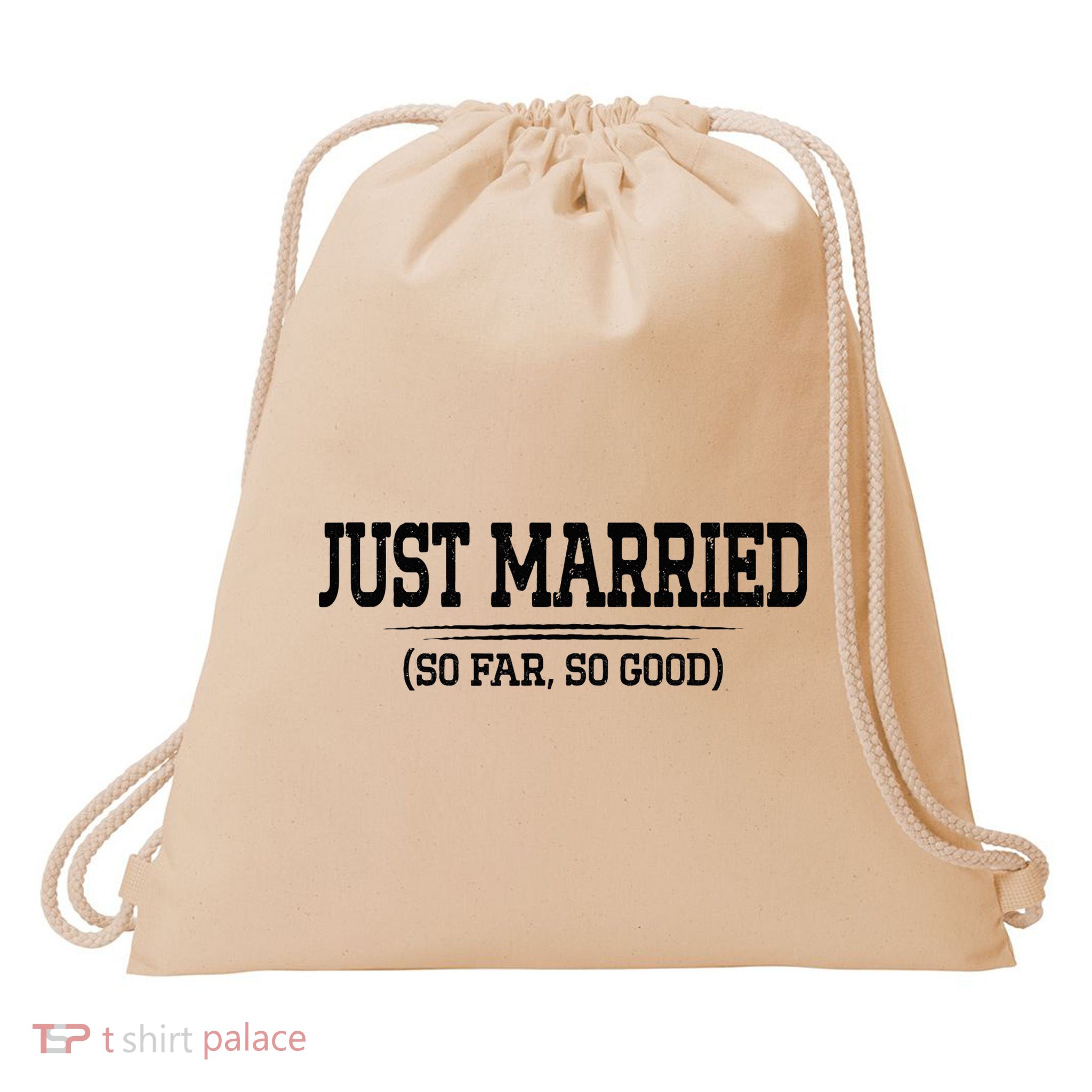 Funny Newlywed Couple Just Married So Far So Good Husband Drawstring Bag