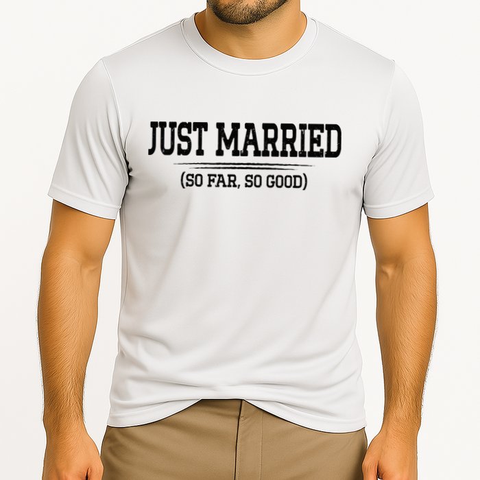 Funny Newlywed Couple Just Married So Far So Good Husband Cooling Performance Crew T-Shirt