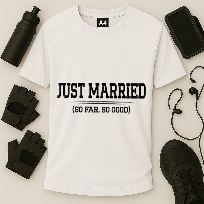Funny Newlywed Couple Just Married So Far So Good Husband Cooling Performance Crew T-Shirt