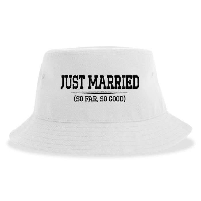 Funny Newlywed Couple Just Married So Far So Good Husband Sustainable Bucket Hat