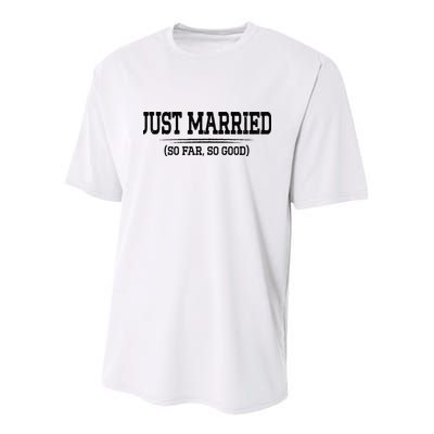 Funny Newlywed Couple Just Married So Far So Good Husband Youth Performance Sprint T-Shirt