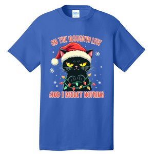 Funny Naughty Cat Santa Tangled Up In Christmas Lights Great Gift Tall T-Shirt