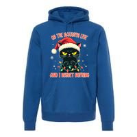 Funny Naughty Cat Santa Tangled Up In Christmas Lights Great Gift Premium Hoodie