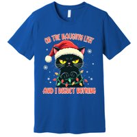 Funny Naughty Cat Santa Tangled Up In Christmas Lights Great Gift Premium T-Shirt