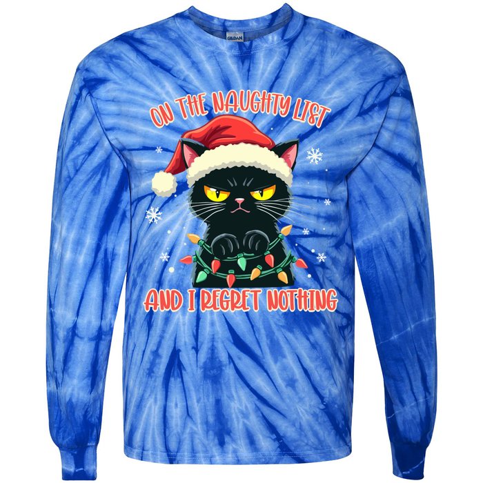 Funny Naughty Cat Santa Tangled Up In Christmas Lights Great Gift Tie-Dye Long Sleeve Shirt