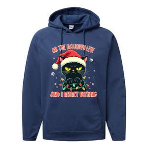 Funny Naughty Cat Santa Tangled Up In Christmas Lights Great Gift Performance Fleece Hoodie