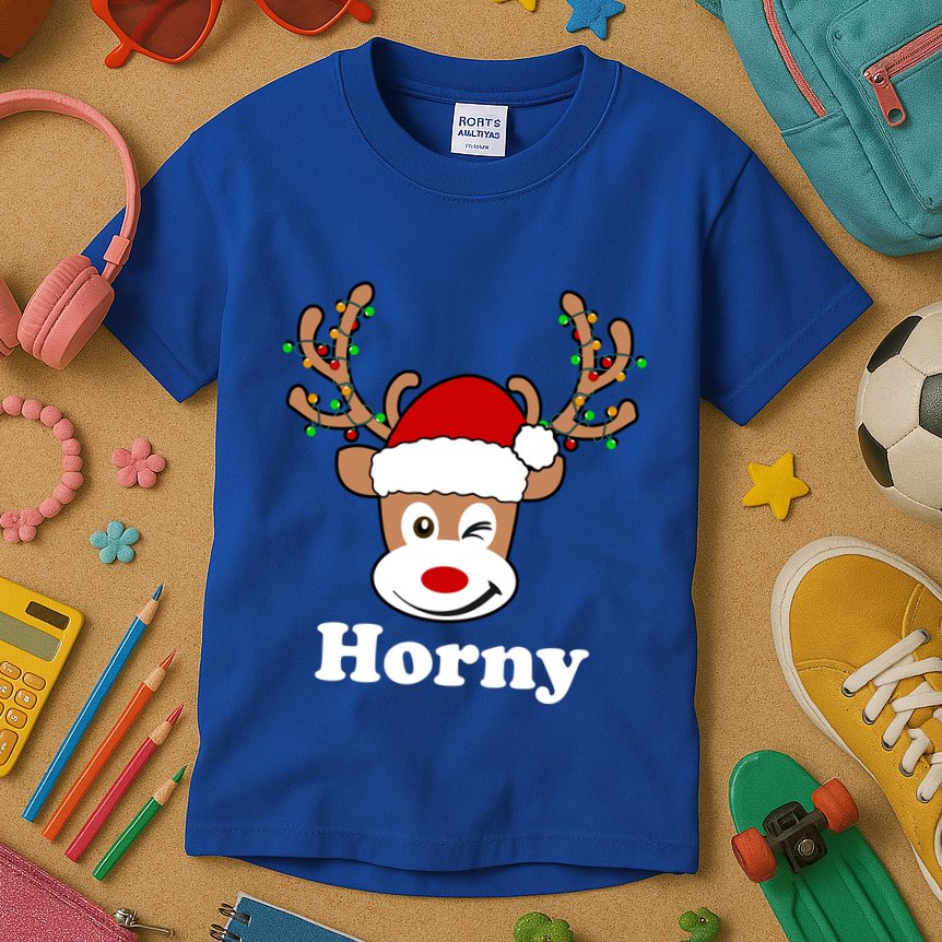 Funny Naughty Christmas Horny Reindeer Ugly Christmas Gift Kids T-Shirt