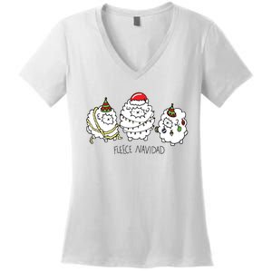 Fleece Navidad Christmas Lights Sheeps Women's V-Neck T-Shirt