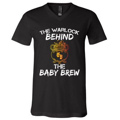 Funny New Dad Halloween The Warlock Behind The Baby Brew V-Neck T-Shirt