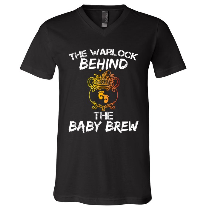 Funny New Dad Halloween The Warlock Behind The Baby Brew V-Neck T-Shirt