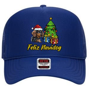 Feliz Navidog Dachshund Santa Hat Christmas Gift High Crown Mesh Back Trucker Hat