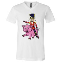 Funny Nutcracker Doll Riding Pig Lover V-Neck T-Shirt