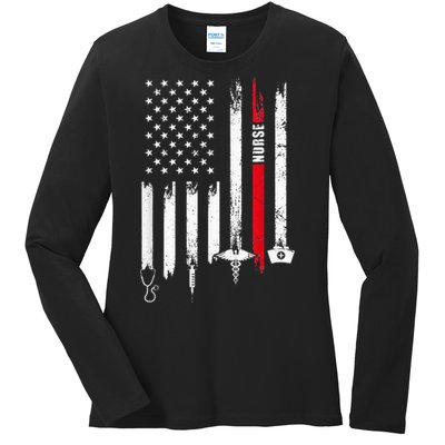 funny Nurse Day Gift Idea American Flag Ladies Long Sleeve Shirt