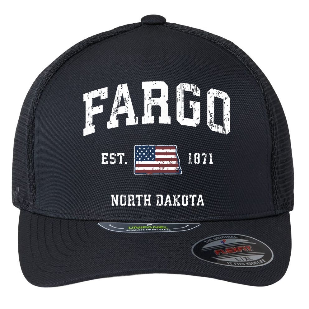 Fargo North Dakota Nd Vintage American Flag Sports Design Flexfit Unipanel Trucker Cap