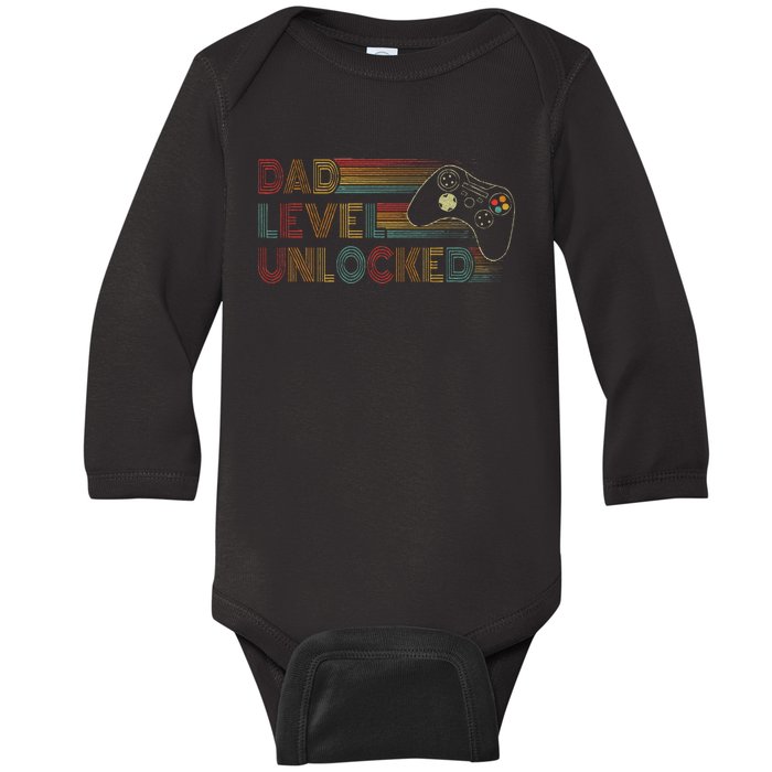 Funny New Dad Dad Level Unlocked Gaming Gamer Dad Baby Long Sleeve Bodysuit