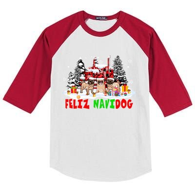 Feliz Navidad Dog Xmas Truck Three Santa French Bulldogs Meaningful Gift Kids Colorblock Raglan Jersey