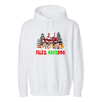 Feliz Navidad Dog Xmas Truck Three Santa French Bulldogs Meaningful Gift Garment-Dyed Fleece Hoodie