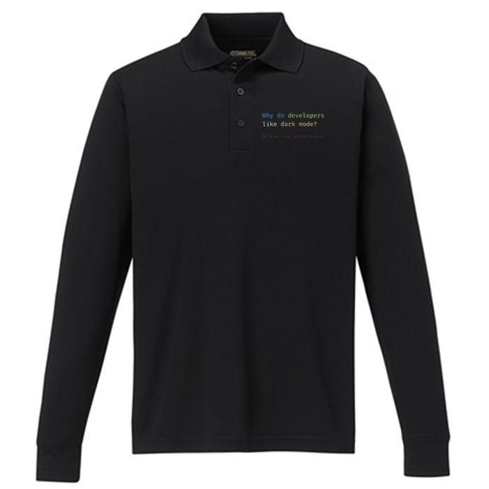 Funny Nerdy Developer Joke Dark Mode Bugs Coding Pun Performance Long Sleeve Polo