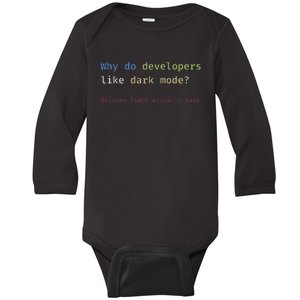 Funny Nerdy Developer Joke Dark Mode Bugs Coding Pun Baby Long Sleeve Bodysuit