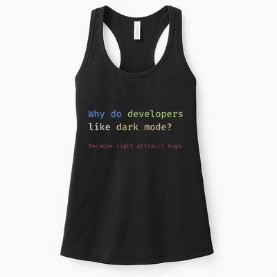 Funny Nerdy Developer Joke Dark Mode Bugs Coding Pun Women's Racerback Tank