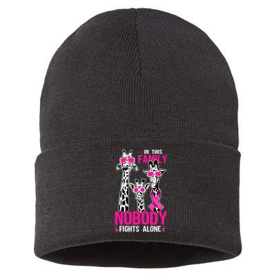 Family Nobody Fights Alone Giraffe Pink Ribbon Breast Cancer Sustainable Knit Beanie