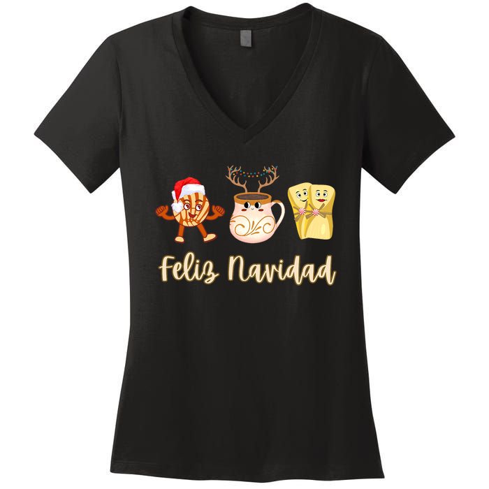 Feliz Navidad Funny Spanish Christmas Pan Dulce Cafe Tamales Women's V-Neck T-Shirt