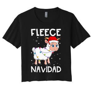 Fleece Navidad Funny Christmas Sheep Feliz Xmas Lights Women's Crop Top Tee