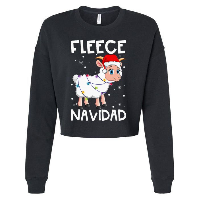 Fleece Navidad Funny Christmas Sheep Feliz Xmas Lights Cropped Pullover Crew