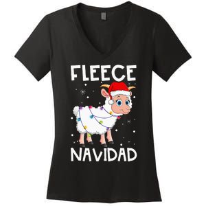 Fleece Navidad Funny Christmas Sheep Feliz Xmas Lights Women's V-Neck T-Shirt