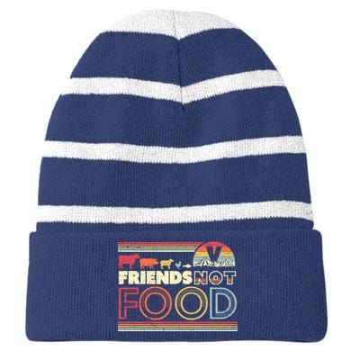 Friends Not Food. Retro Style Vegan Vegetarian Striped Beanie with Solid Band