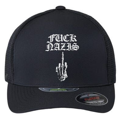 Fuck Nazis Funny Skeleton Hand Middle Finger Flexfit Unipanel Trucker Cap